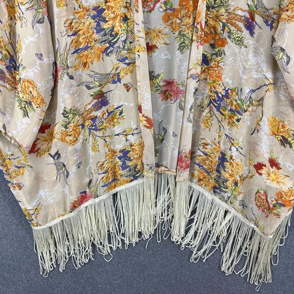 Bishop + Young Kimono Cardigan Womens Medium Large Beige Floral Fringe Sheer - Picture 8 of 16